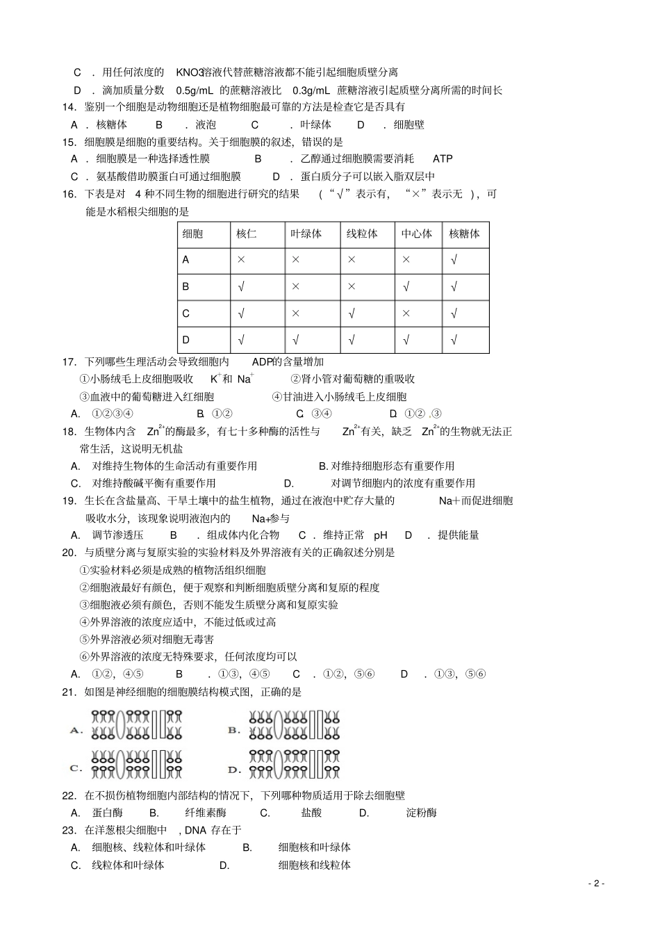浙江杭州第二中学2012016学年高一生物上学期期末考试试题_第2页
