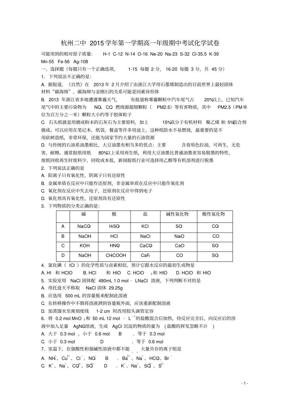 浙江杭州第二中学2012016学年高一化学上学期期中试题讲解_第1页