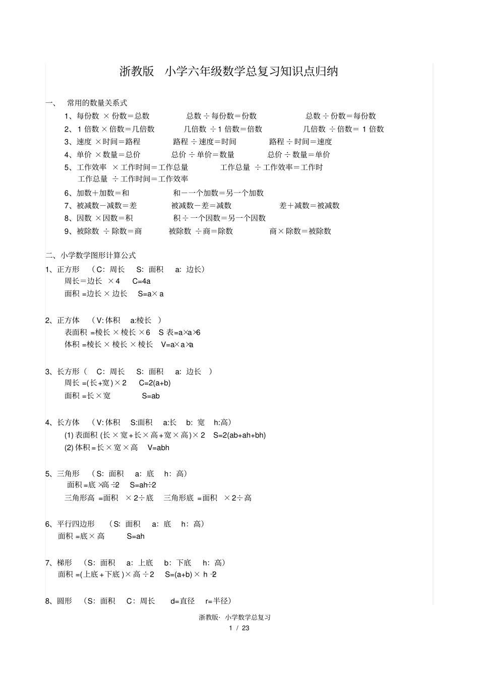 浙江版小学数学六年级总复习知识点归纳_第1页