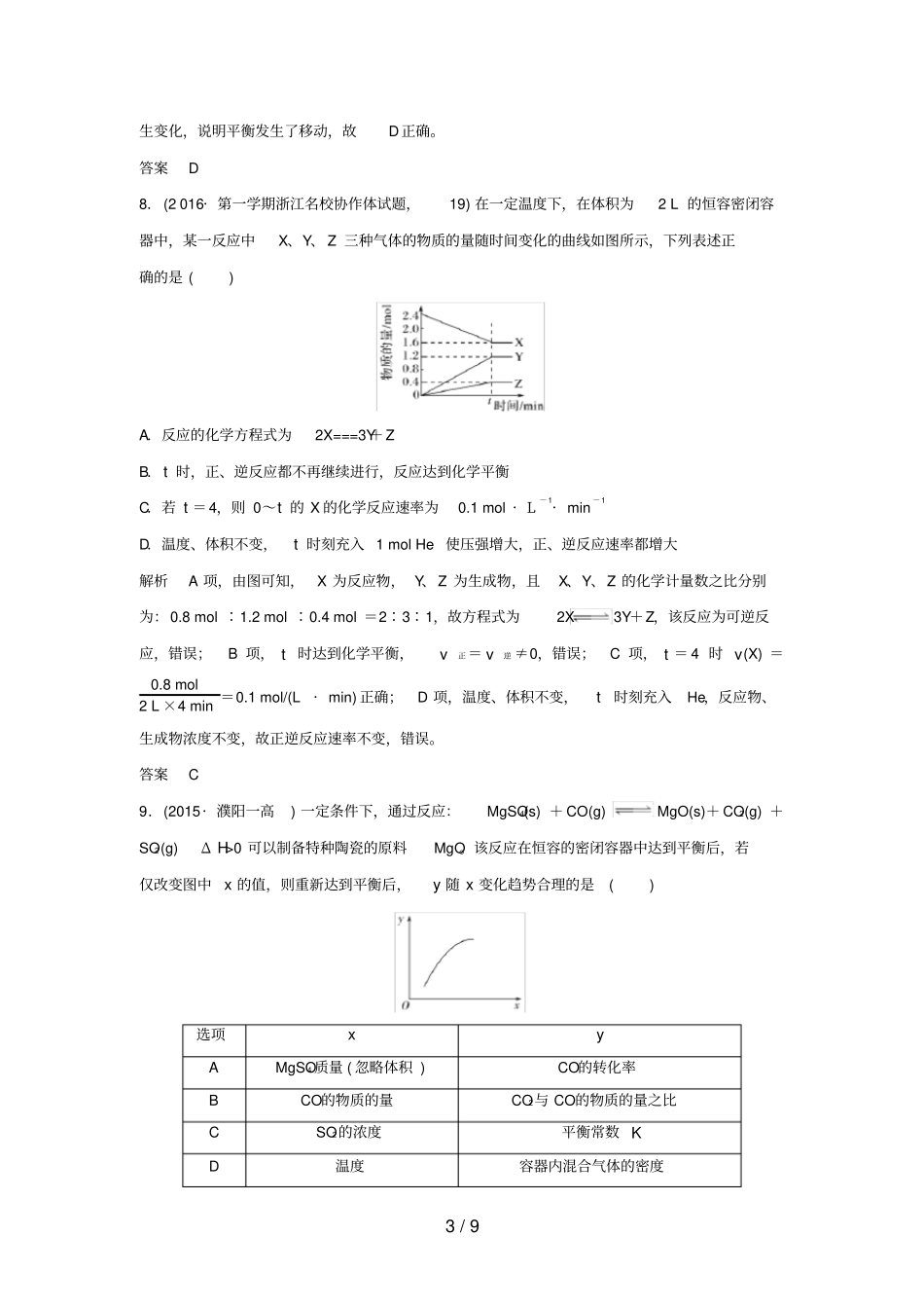 浙江选考高考化学二轮复习专题训练8化学反应速率和化学平衡_第3页