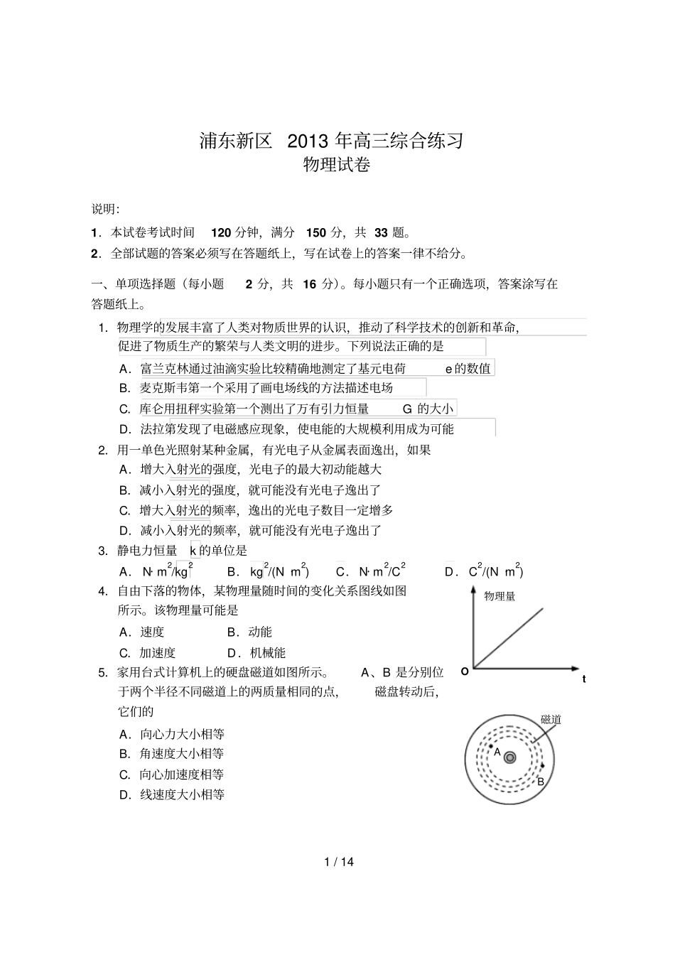 浦东新区高三物理综合测验_第1页