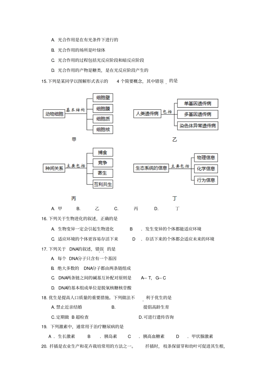 海南2017年普通高中基础会考生物_第3页