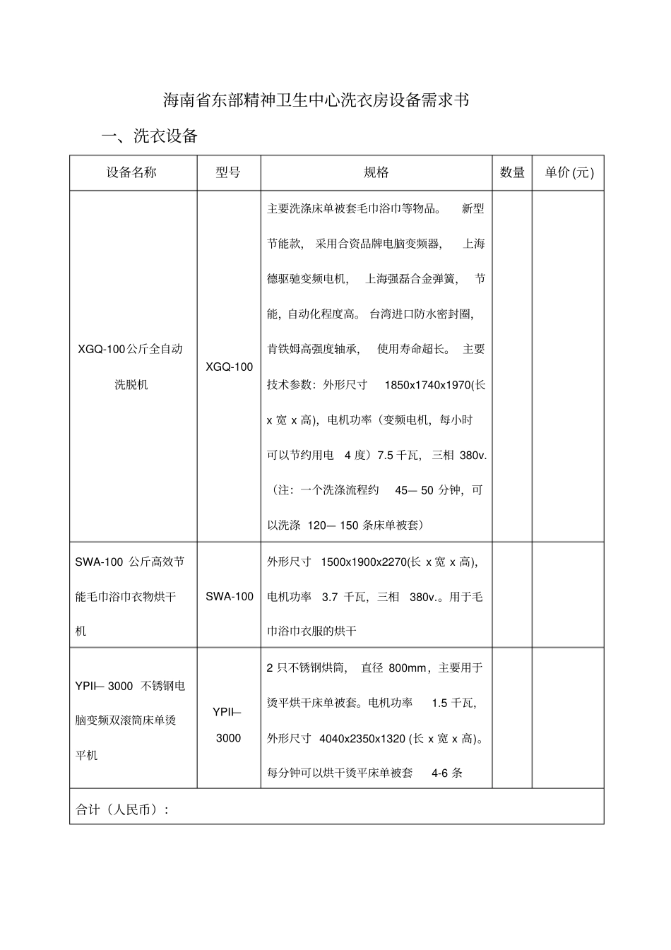 海南东部精神卫生中心洗衣房设备需求书_第1页