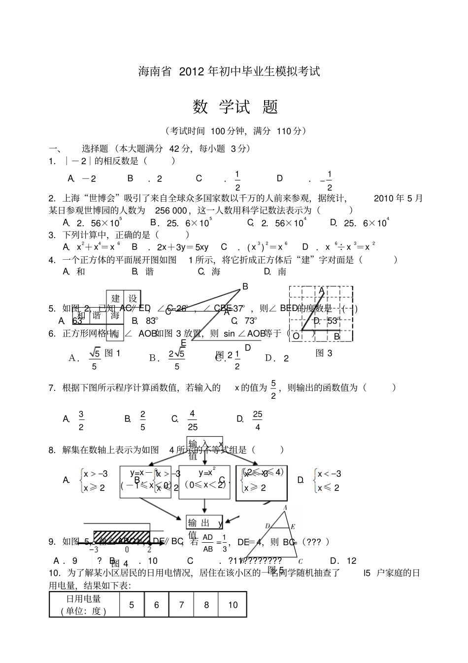 海南中考数学模拟试题及答案_第1页