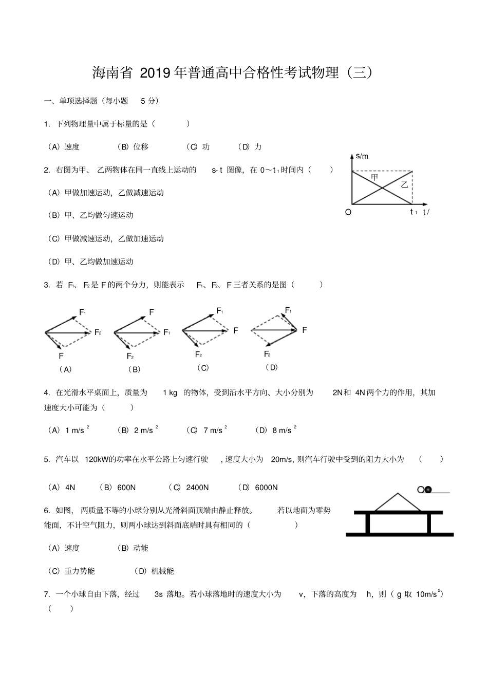 海南普通高中合格性考试物理三_第1页