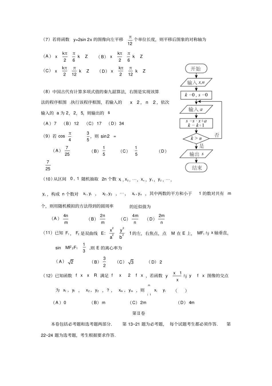 海南高考真题数学2016_第2页