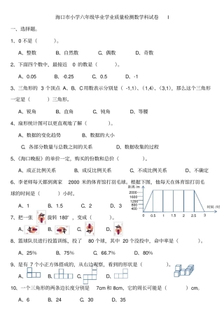 海口小学六年级毕业学业质量检测数学科试卷I