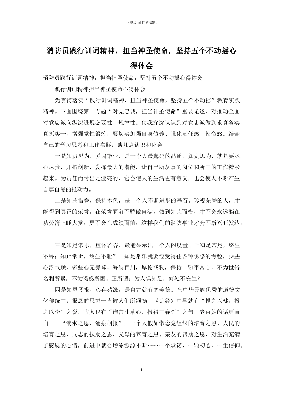 消防员践行训词精神-担当神圣使命-坚持五个不动摇心得体会_第1页