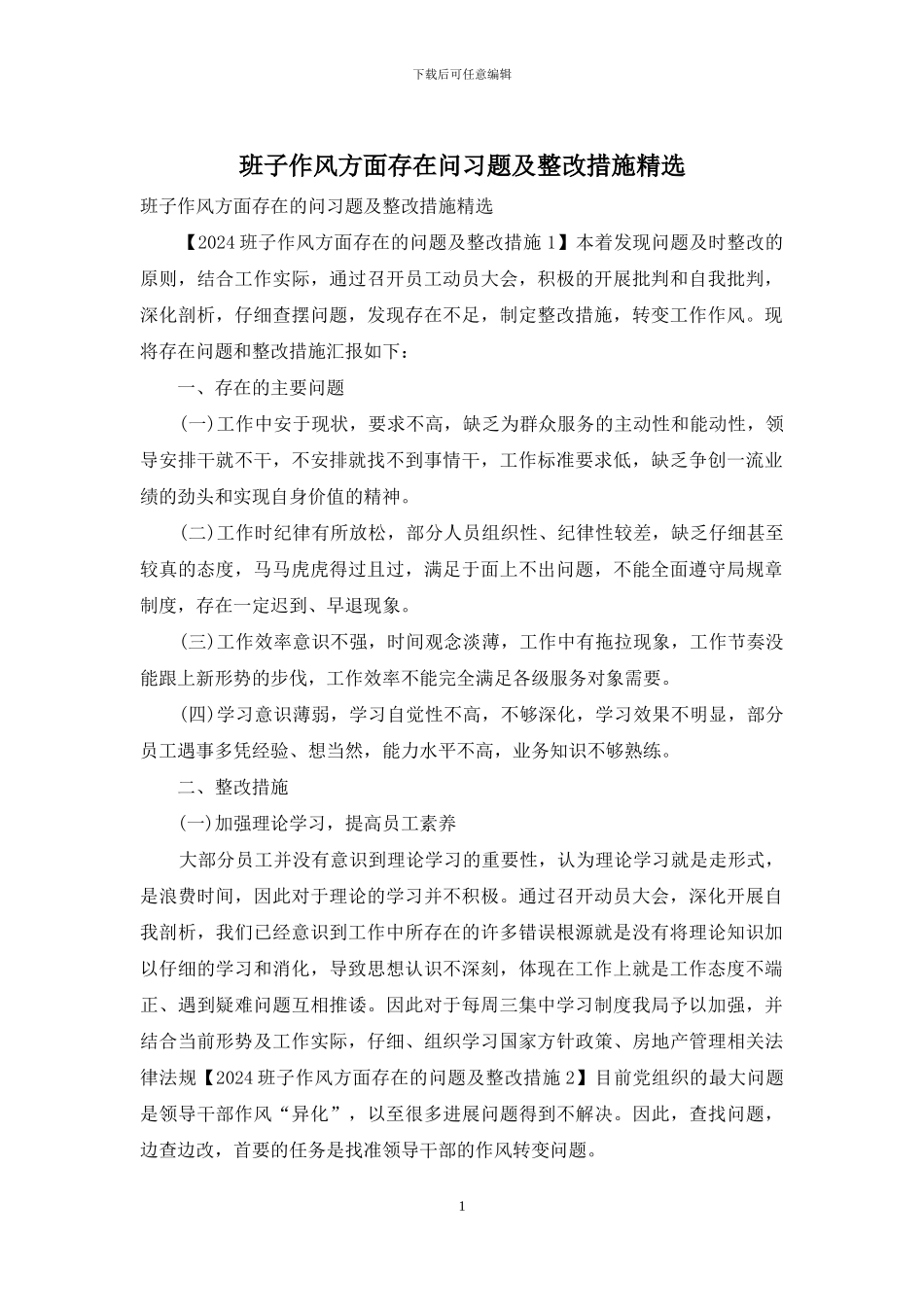 班子作风方面存在问习题及整改措施精选_第1页