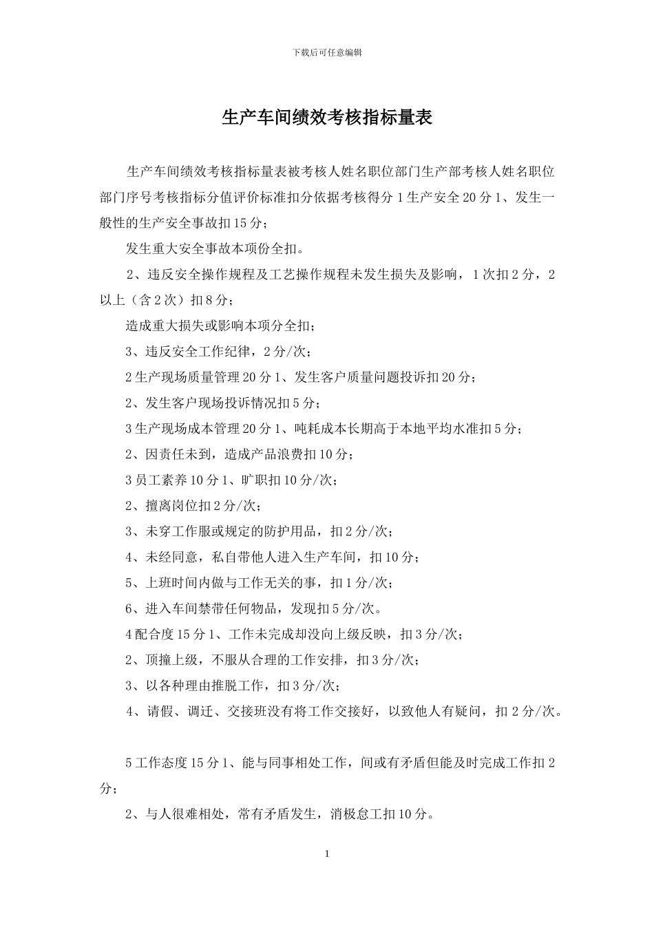 生产车间绩效考核指标量表_第1页