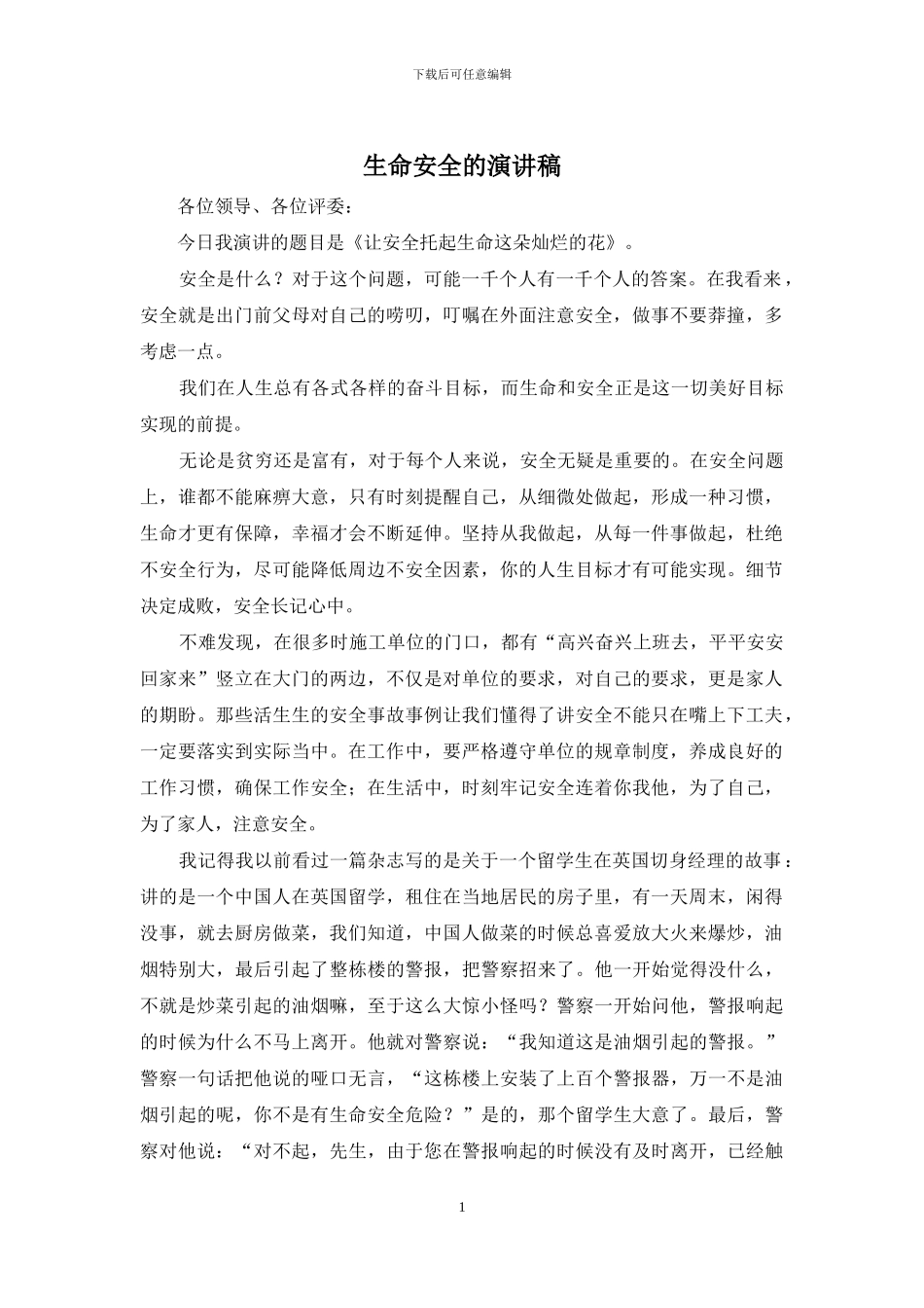 生命安全的演讲稿_第1页