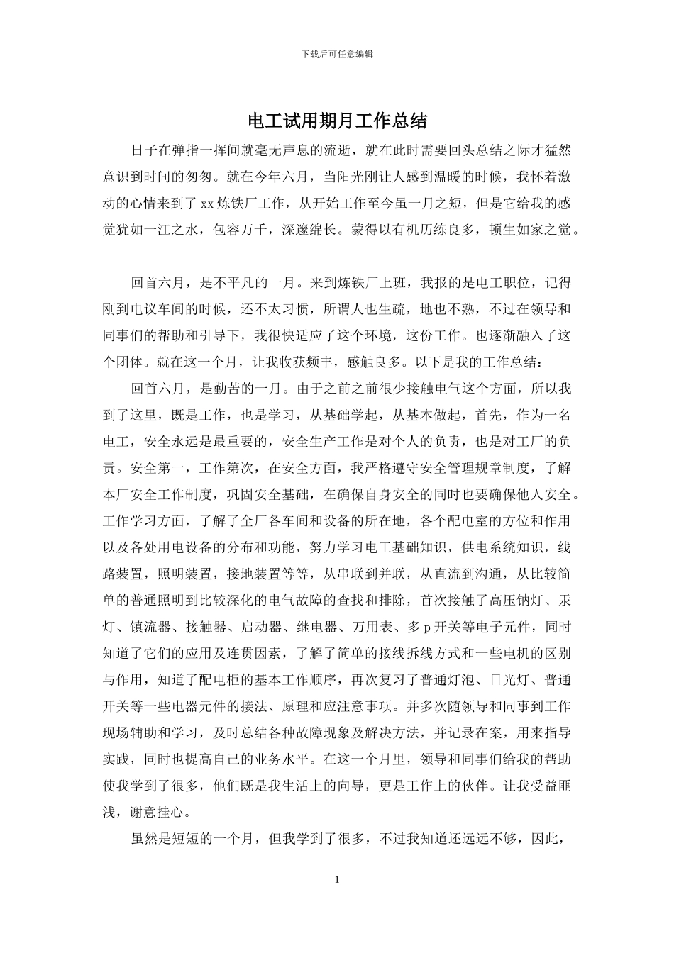 电工试用期月工作总结_第1页