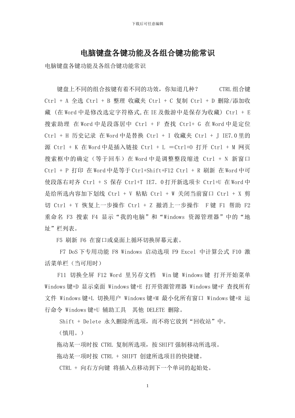 电脑键盘各键功能及各组合键功能常识_第1页