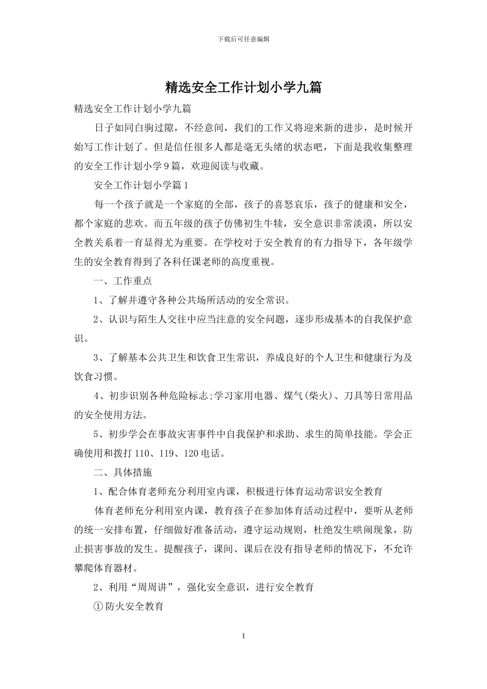 精选安全工作计划小学九篇_第1页