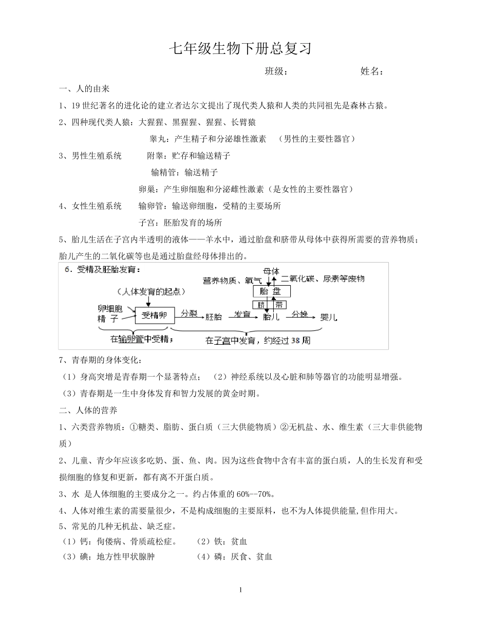 人教版七年级生物下册复习提纲_第1页