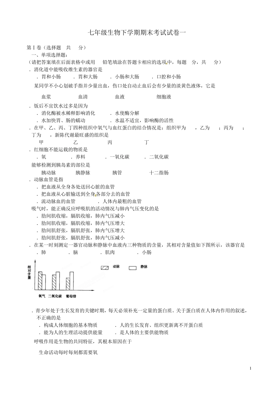 人教版七年级生物下册期末5套试卷合集及答案_第1页