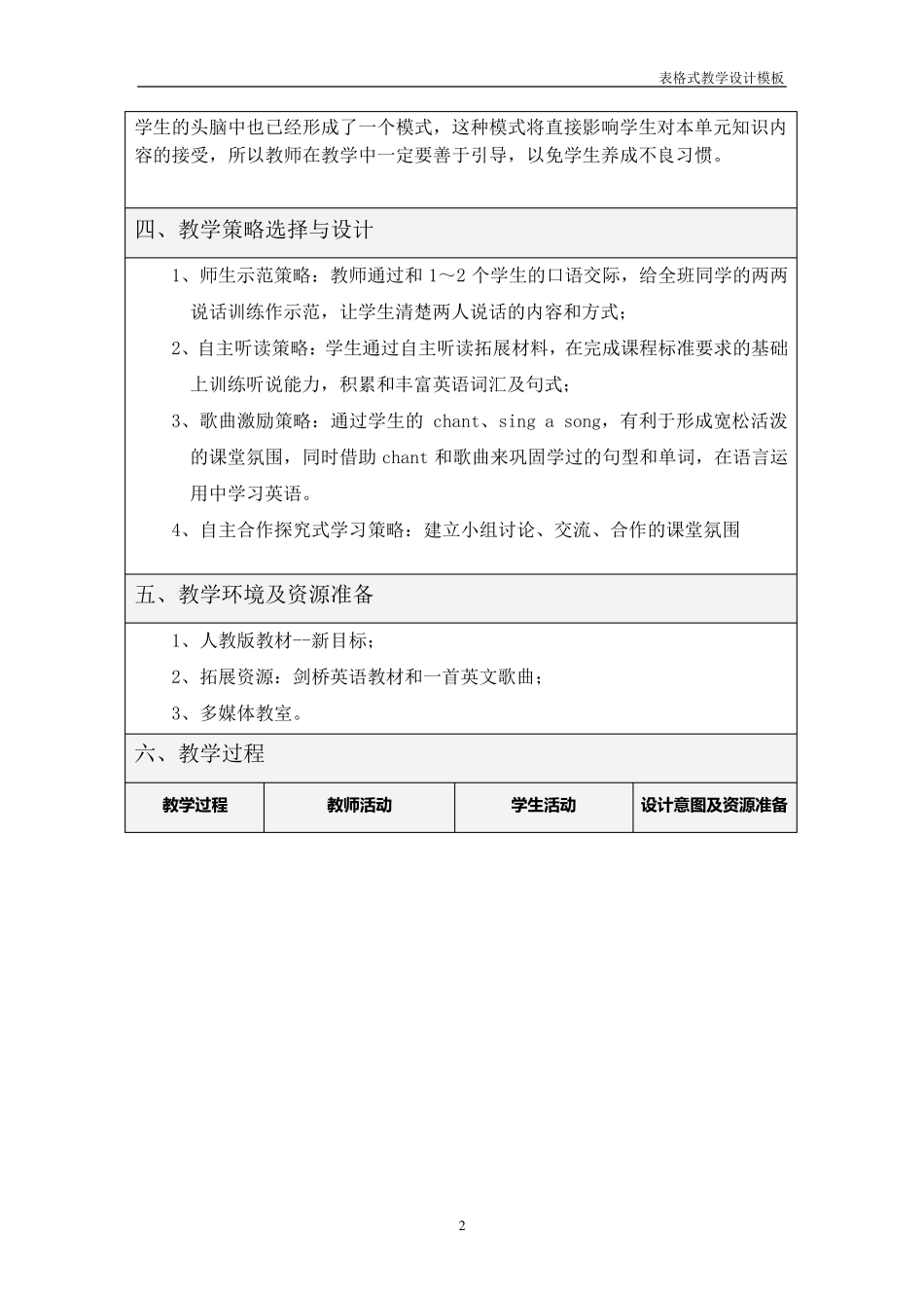 人教版七年级英语unit5表格式教学设计方案_第2页