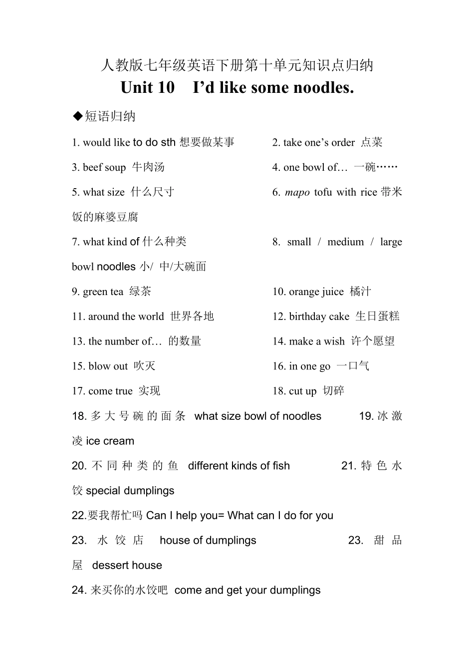 人教版七年级英语下册第十单元知识点总结归纳_第1页