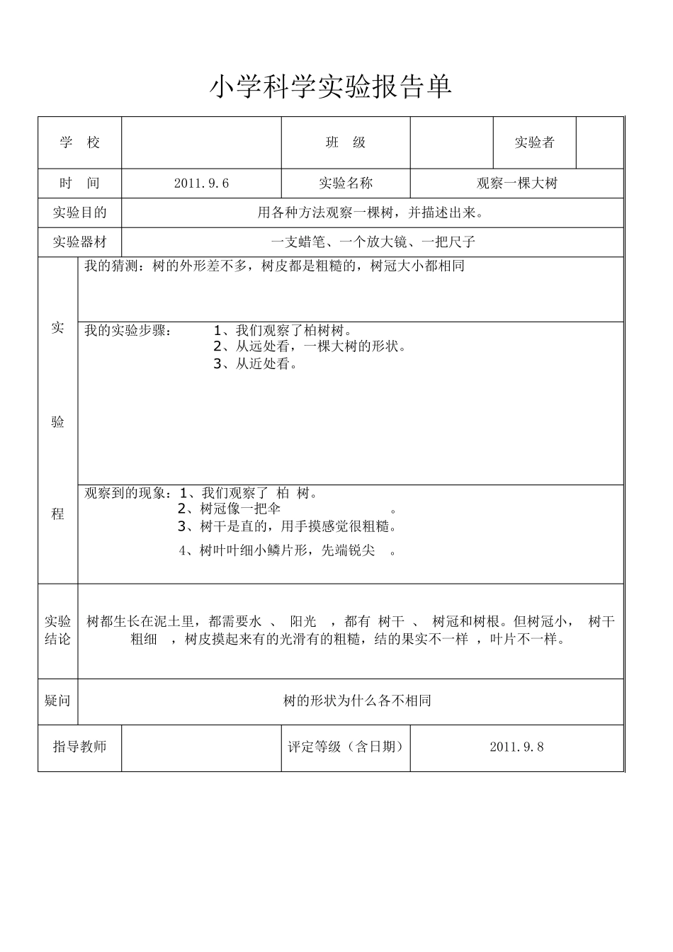 人教版三年级上科学实验报告_第1页