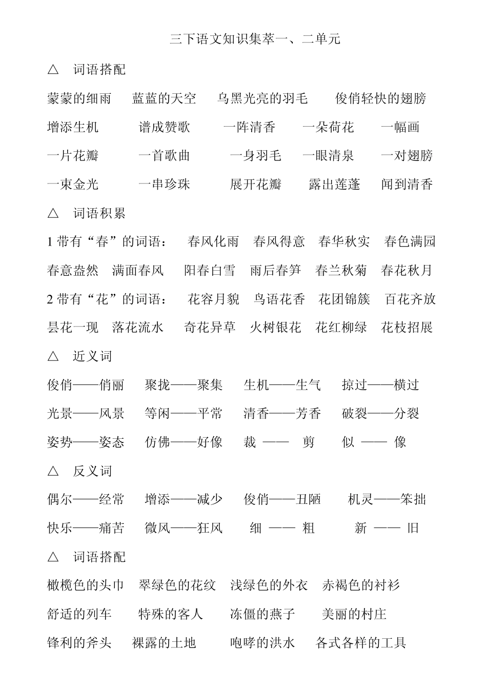 人教版三年级下册语文单元词语复习_第1页