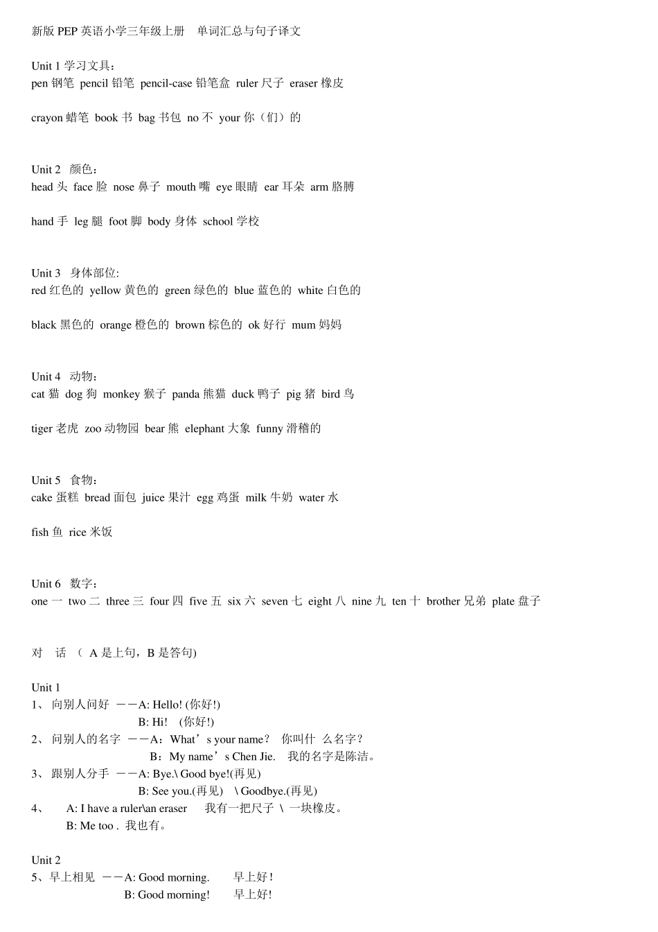 人教版三年级英语上册单词及句子整理_第1页