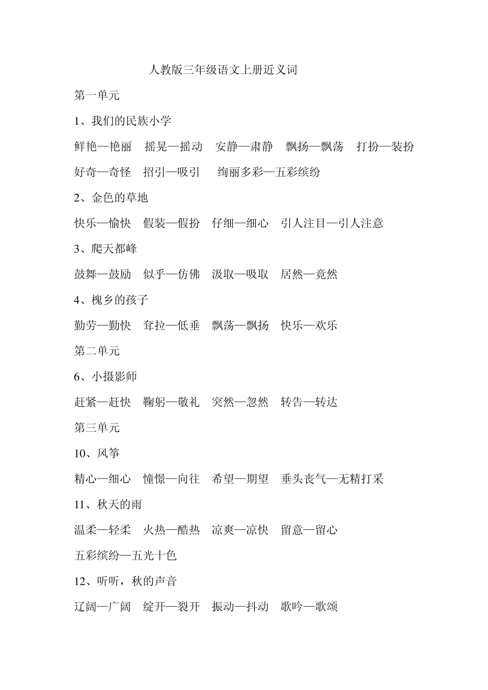 人教版三年级语文上册近义词、反义词、多音字_第1页