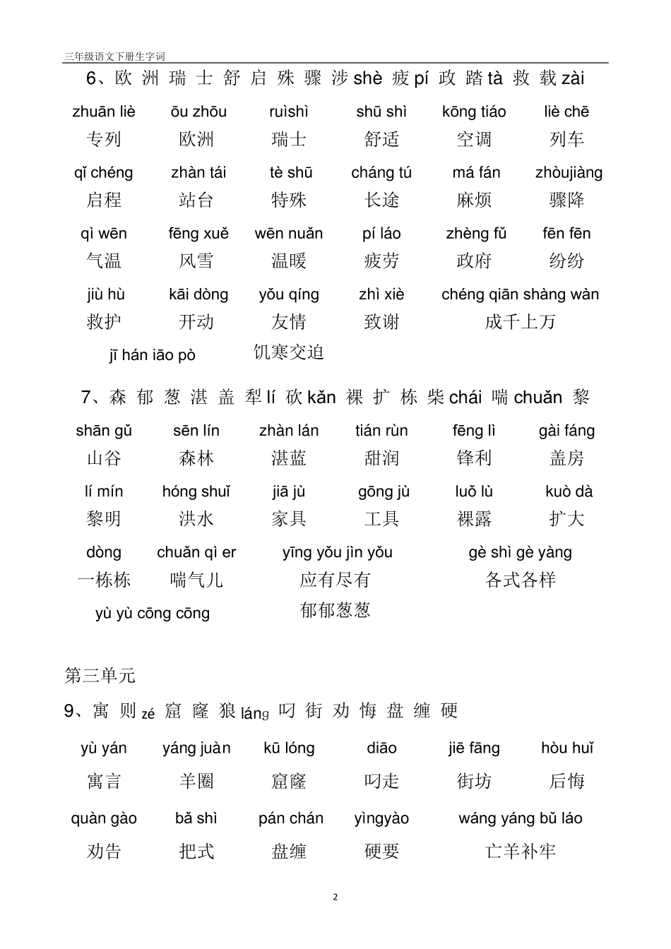 人教版三年级语文下册带拼音生字和词语表_第2页