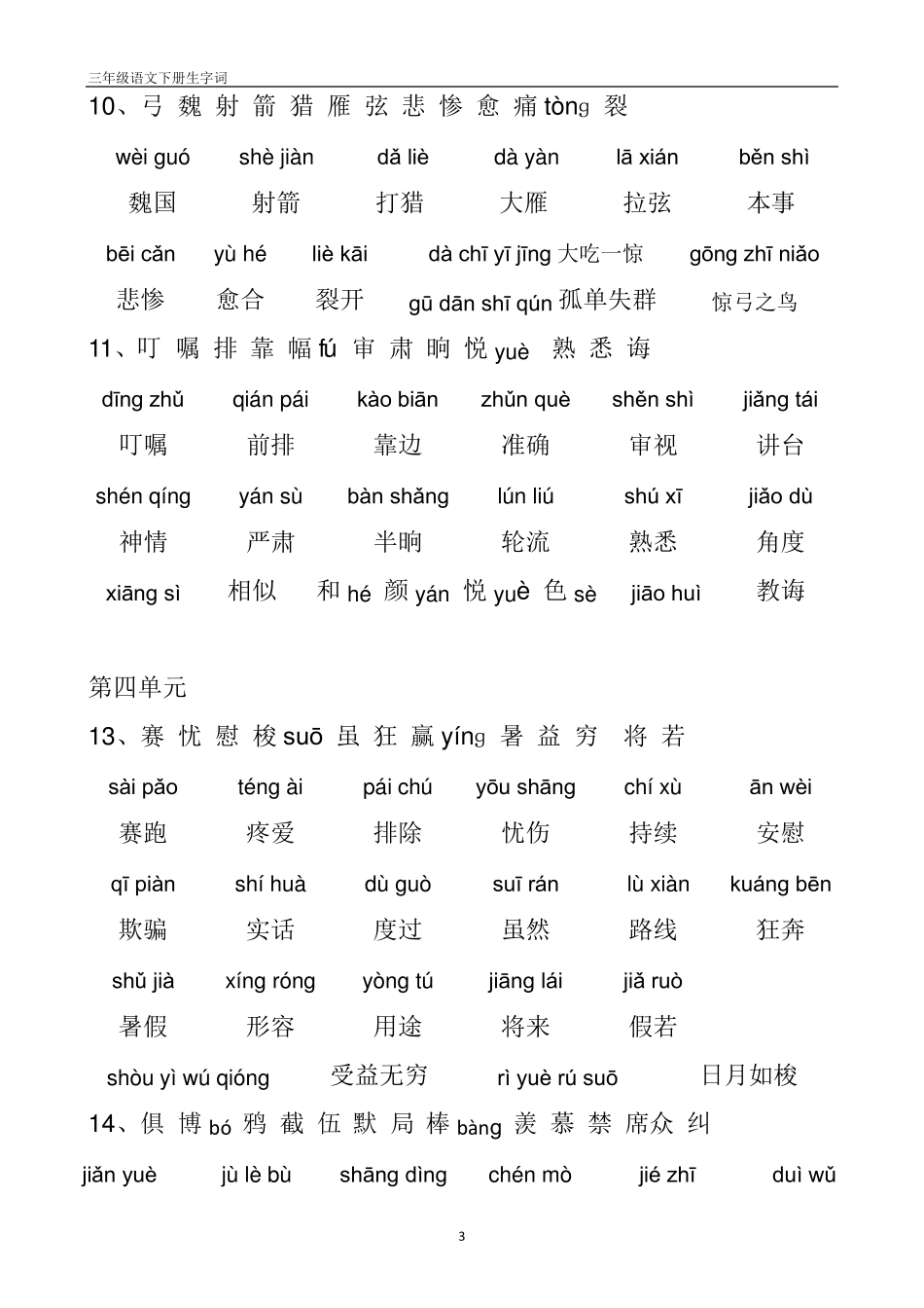 人教版三年级语文下册带拼音生字和词语表_第3页