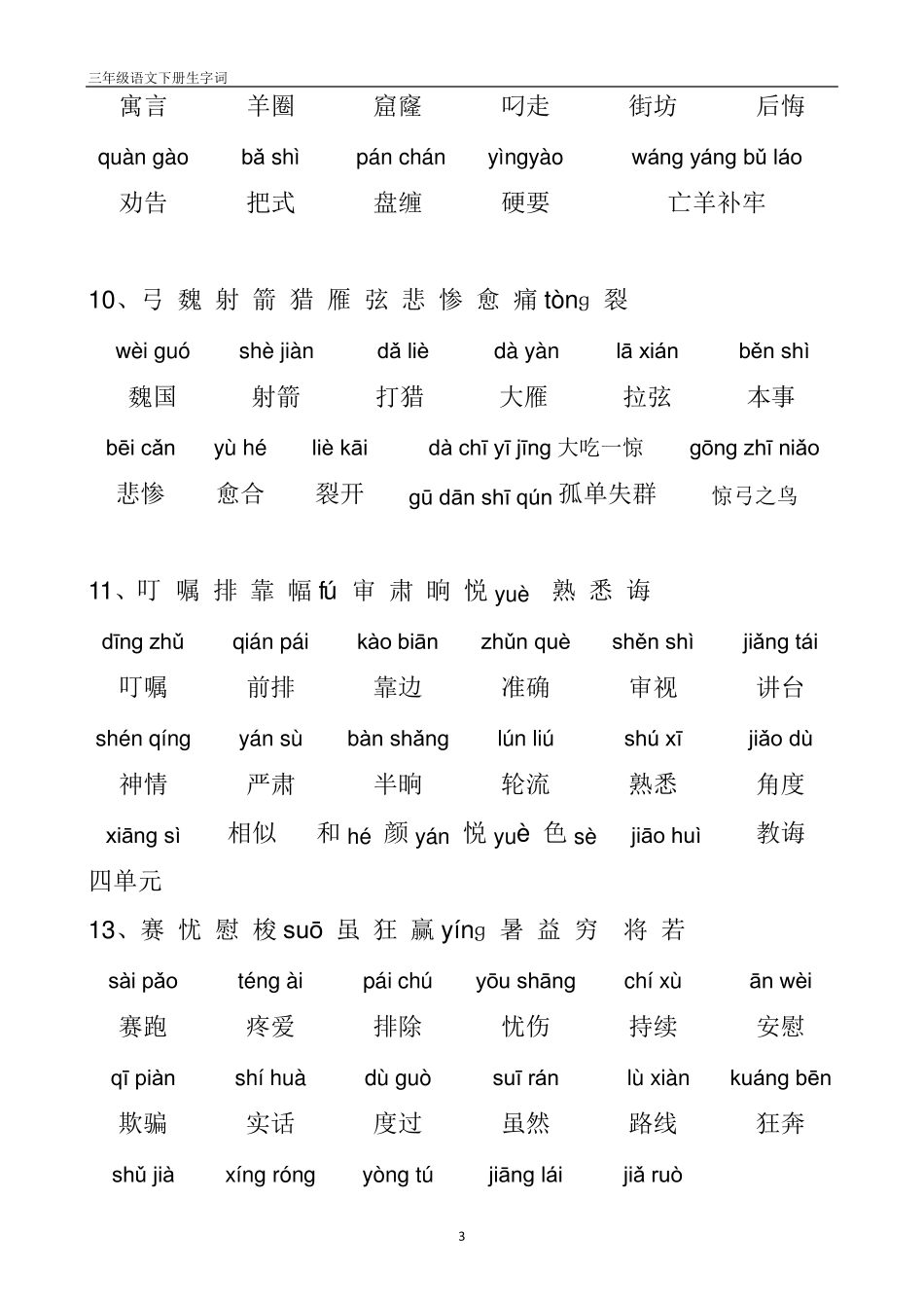 人教版三年级语文下册拼音生字表、词语表_第3页