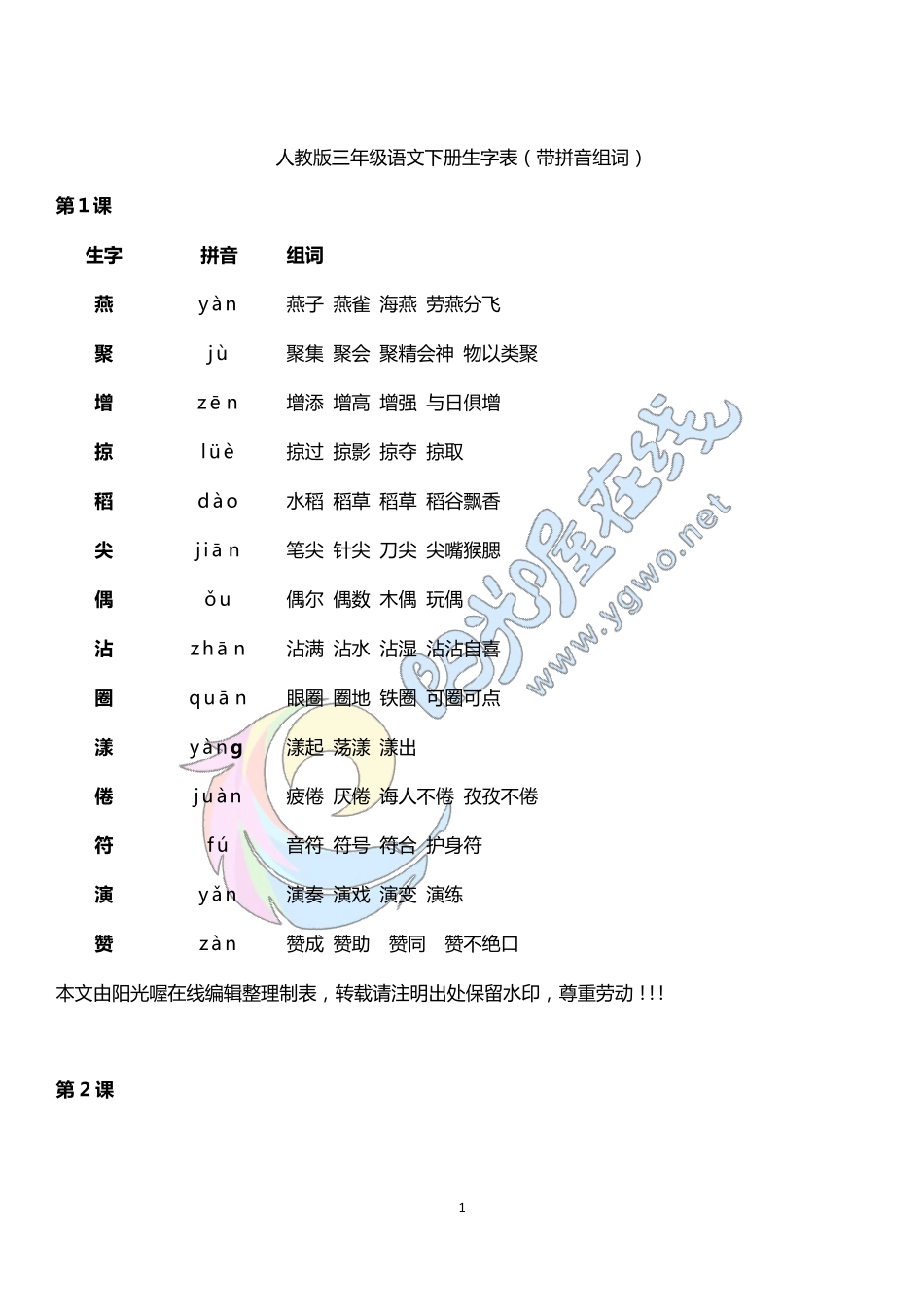 人教版三年级语文下册生字表(带拼音组词)_第1页