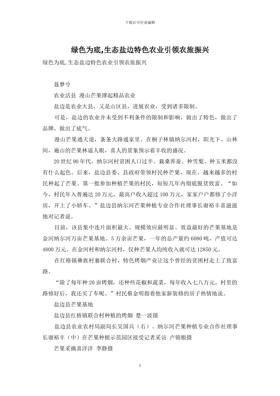 绿色为底-生态盐边特色农业引领农旅振兴_第1页