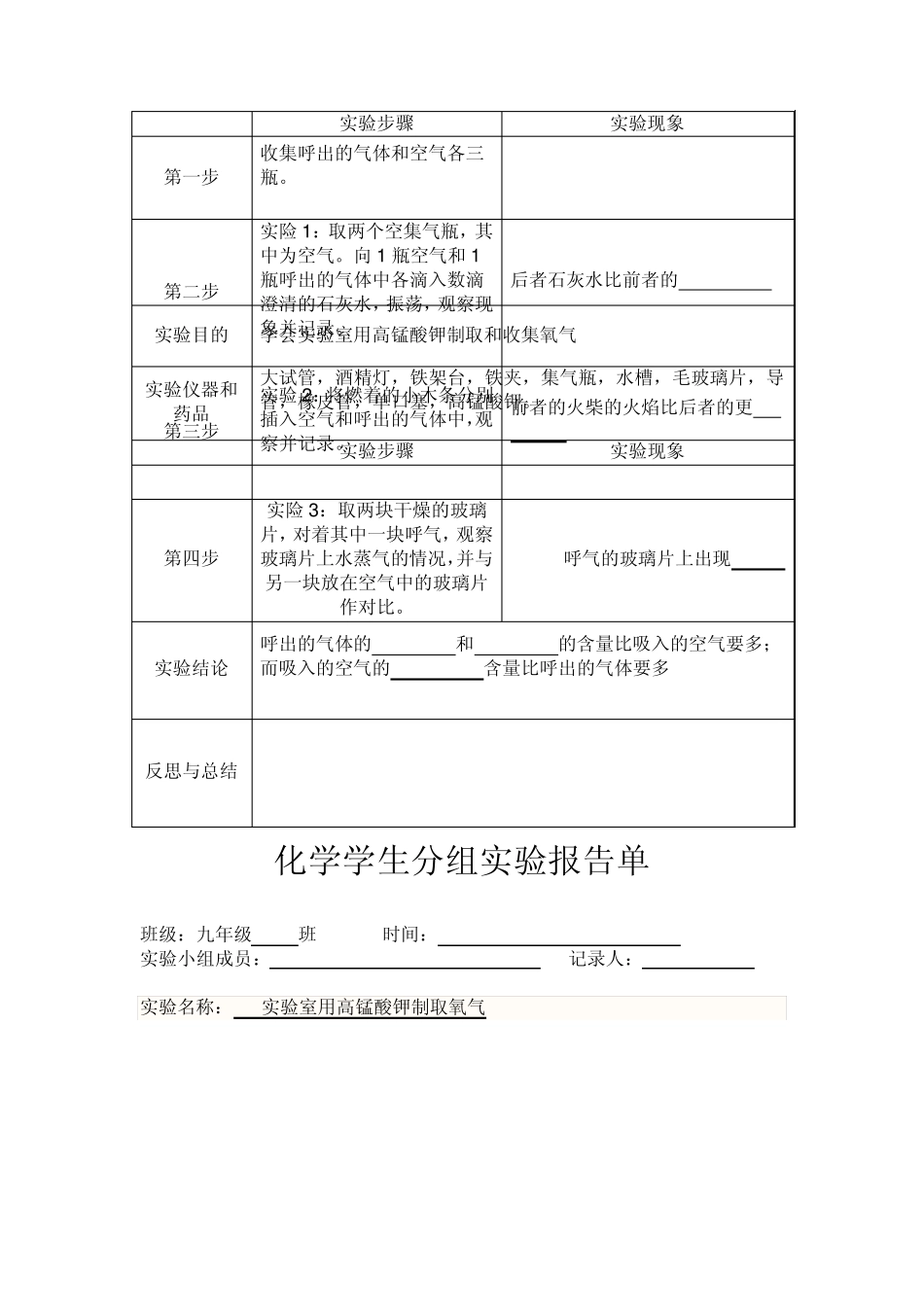 人教版九年级化学上册分组实验报告单(学生填空)_第3页