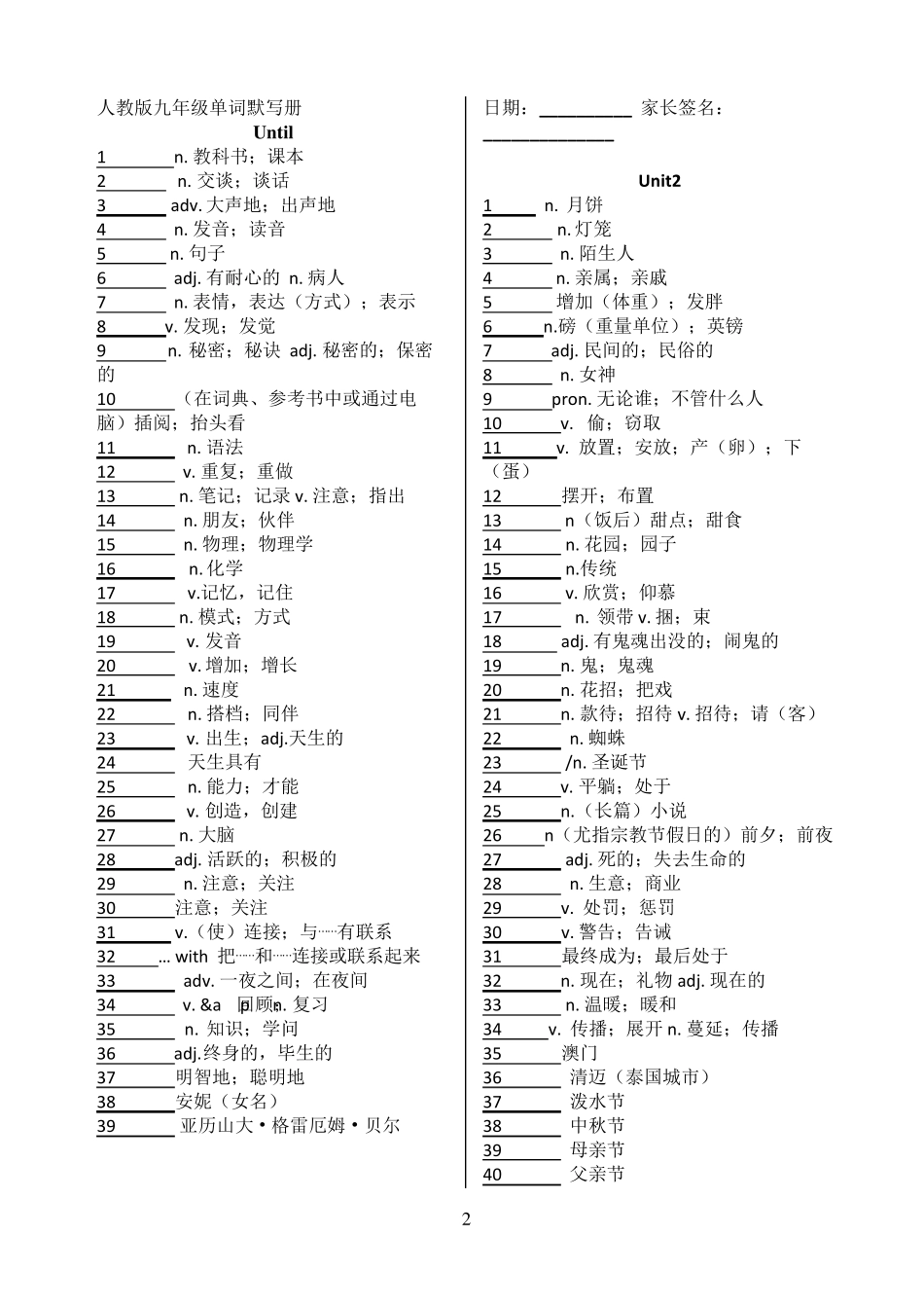人教版九年级英语单词默写表(可打印)_第2页