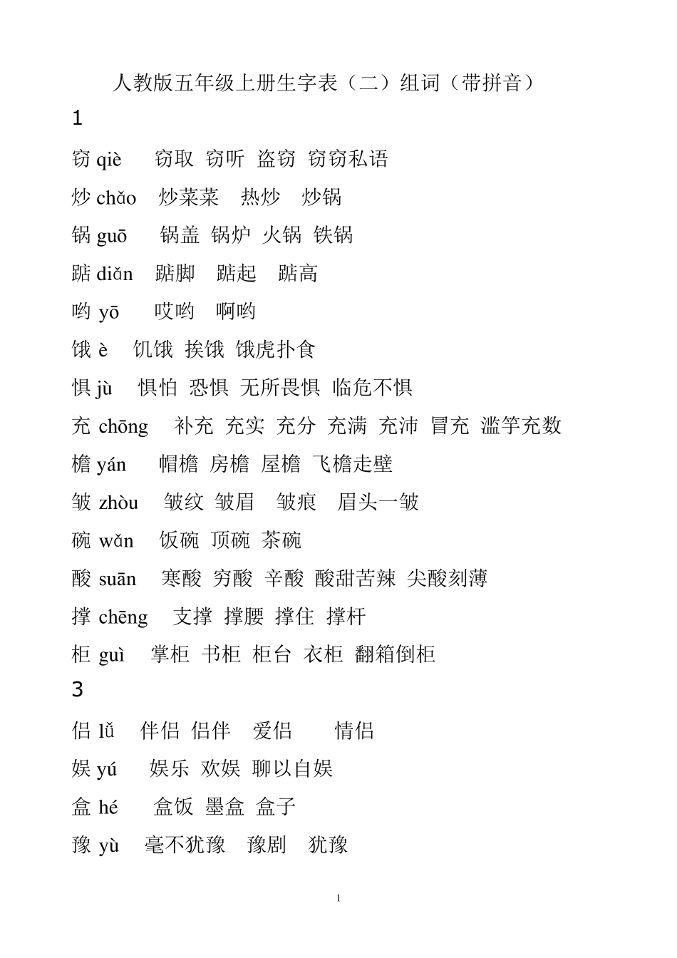 人教版五年级上册生字表组词(带拼音)_第1页