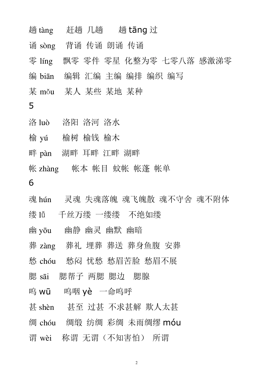 人教版五年级上册生字表组词(带拼音)_第2页