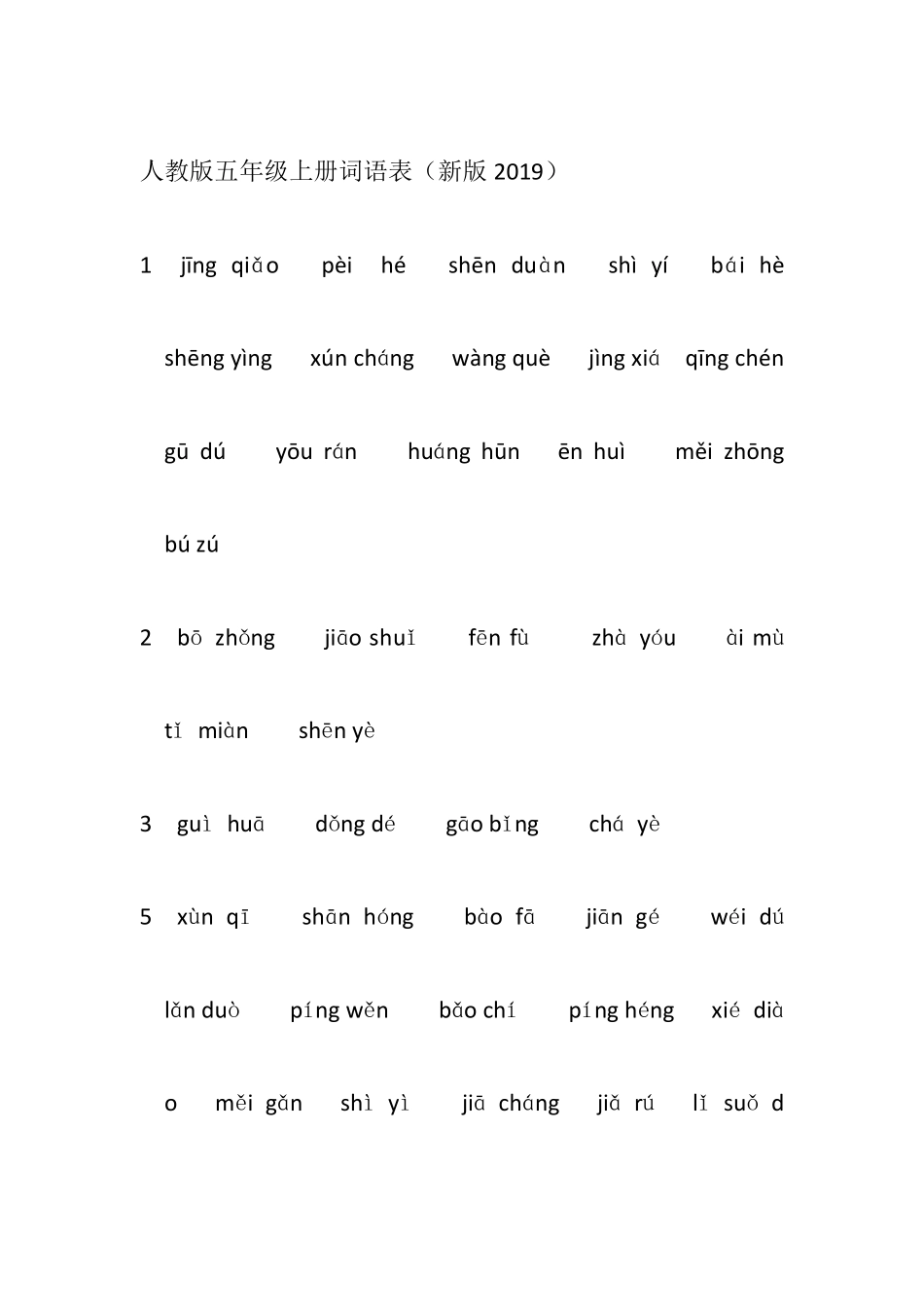 人教版五年级上册词语表(2019纯拼音)_第1页
