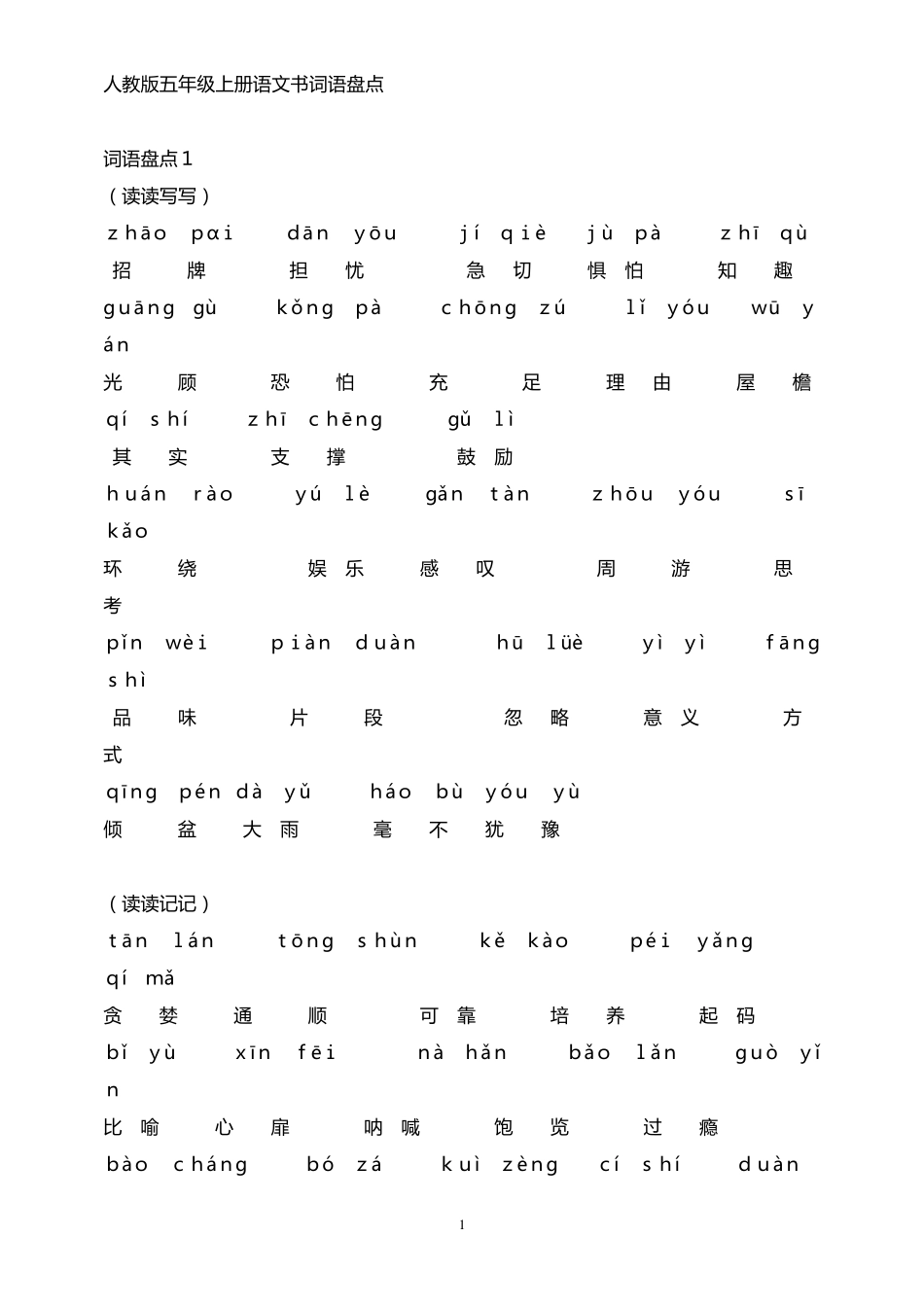 人教版五年级上册语文词语盘点带拼音_第1页