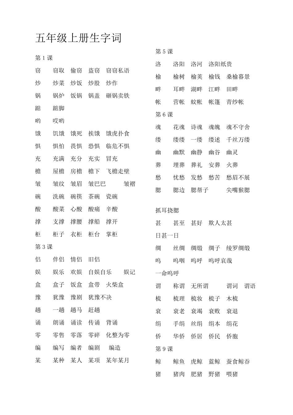 人教版五年级全册生字词_第1页
