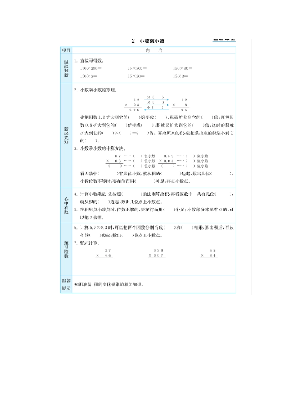 人教版五年级数学上册全册《预习卡》附答案_第2页