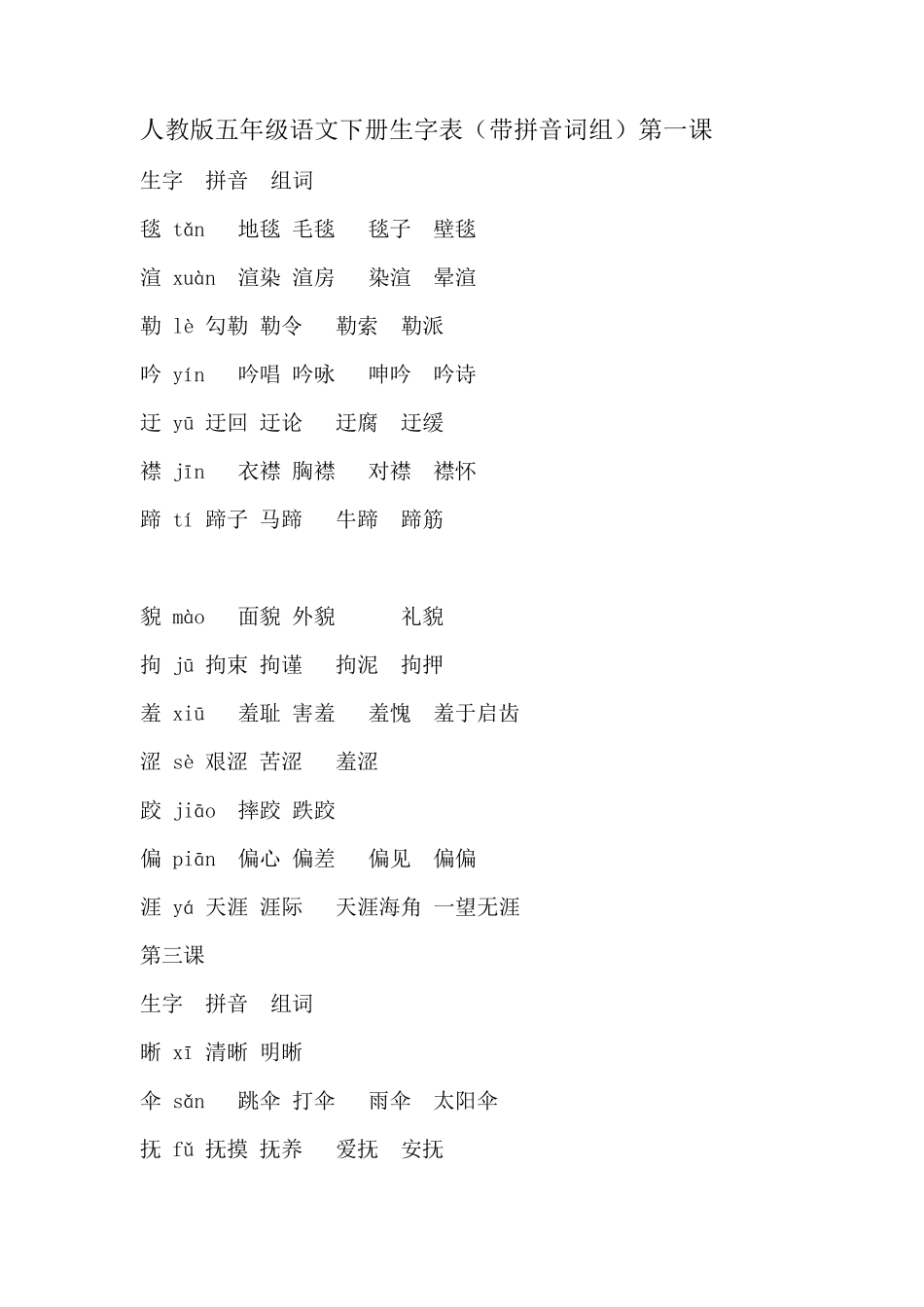 人教版五年级语文下册生字表及组词_第1页