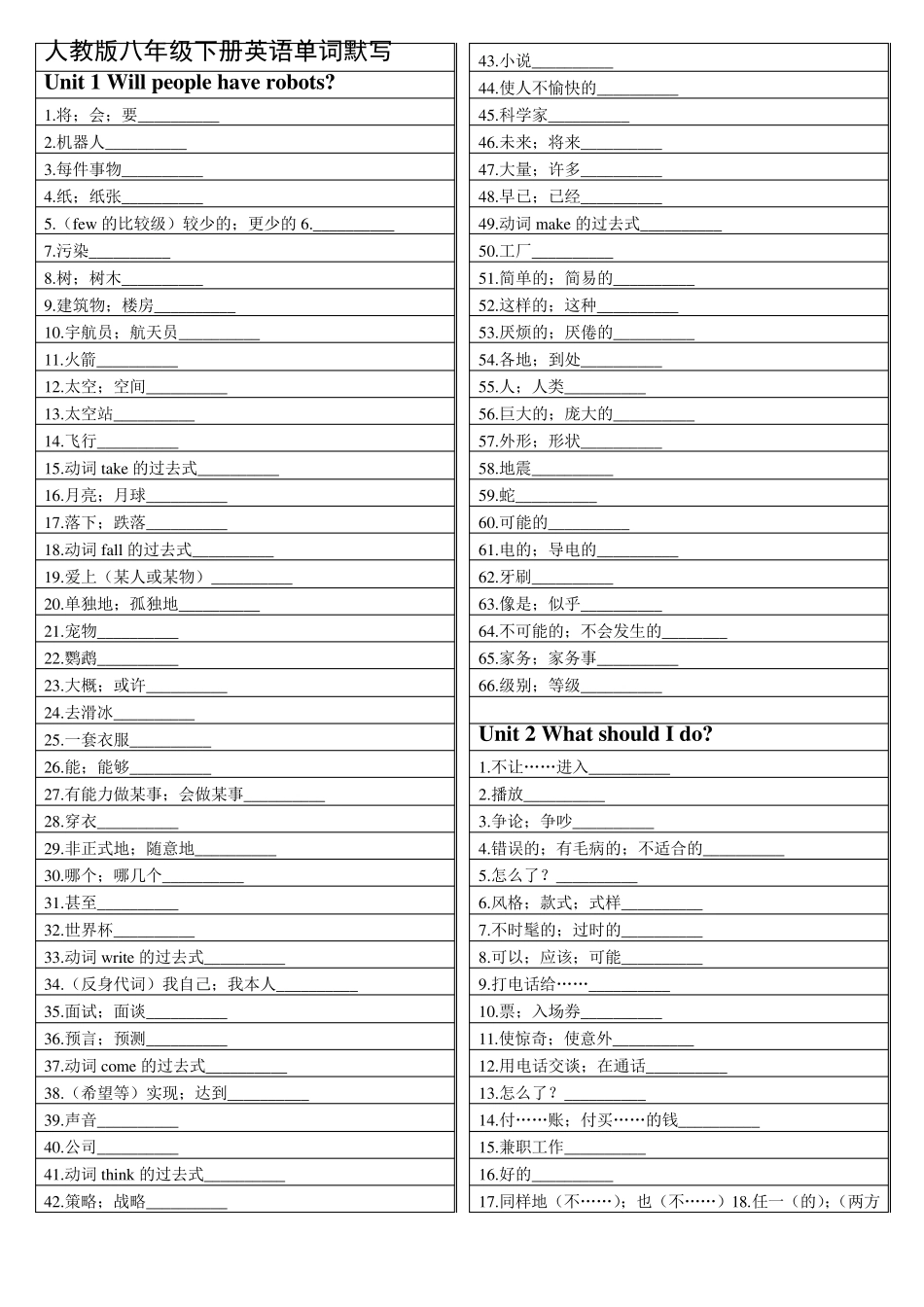 人教版八年级下册英语单词默写(可直接打印)_第1页