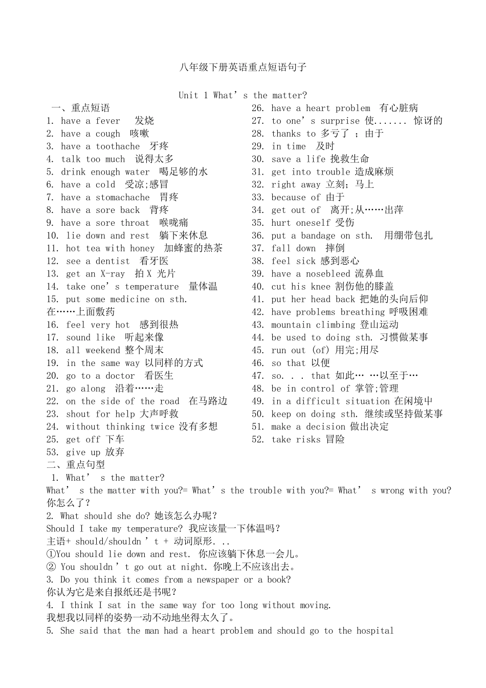 人教版八年级下册英语短语句子归纳_第1页