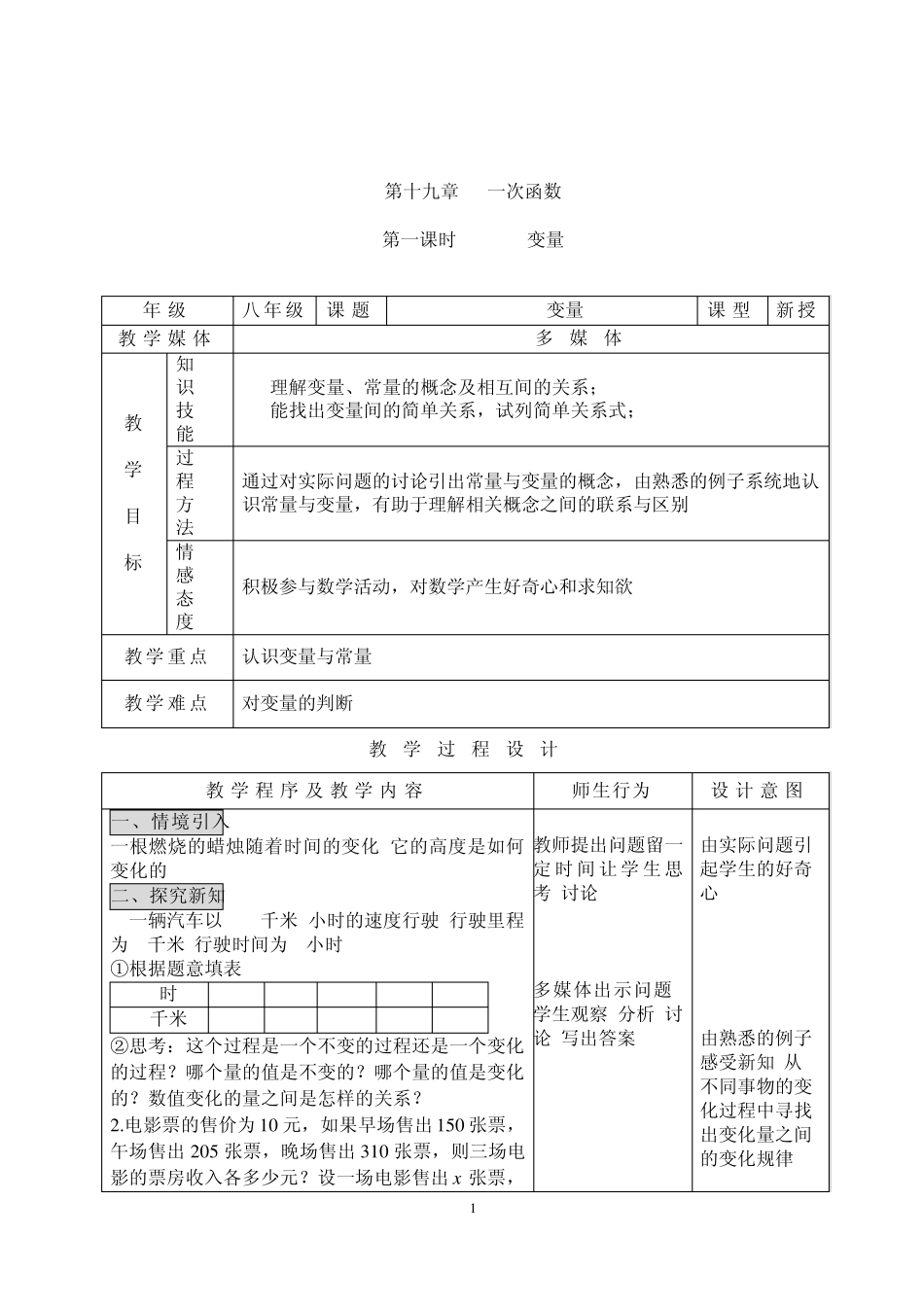 人教版八年级数学下册教案第十九章一次函数19.1_第1页
