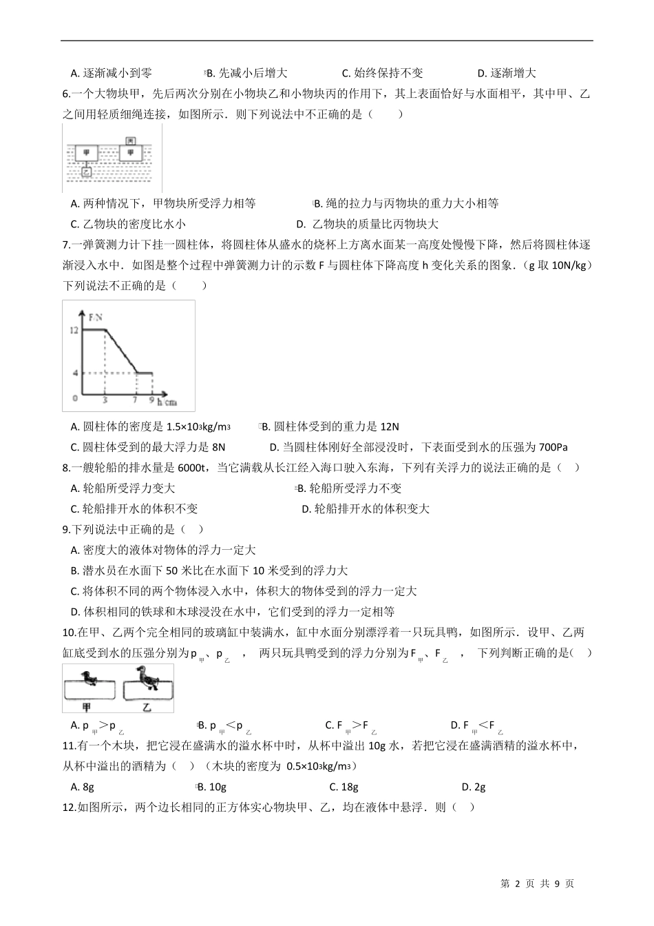 人教版八年级物理下册第十章浮力练习题_第2页