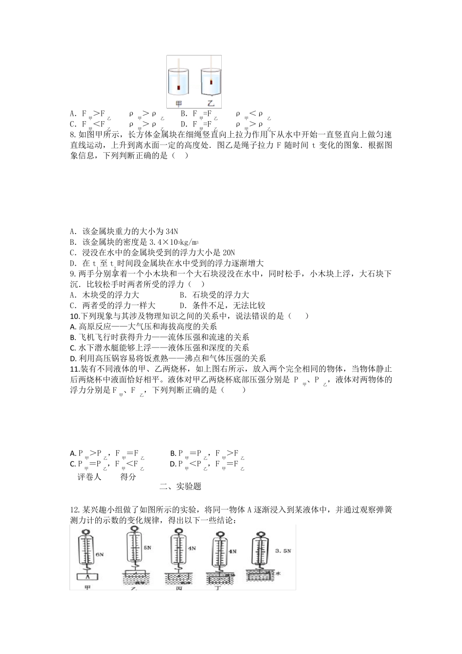 人教版八年级物理第十章浮力测试题_第2页