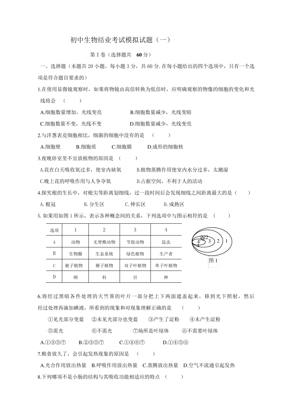 人教版八年级生物结业考试模拟题(第一套,附答案)_第1页