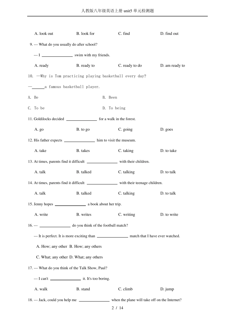 人教版八年级英语上册unit5单元检测题_第2页