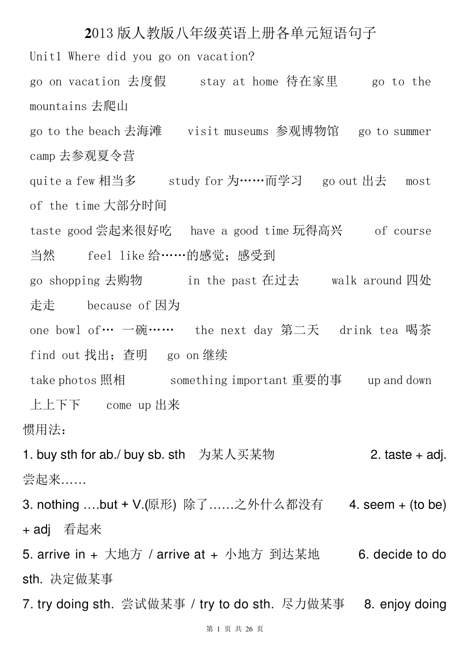人教版八年级英语上册复习提纲_第1页