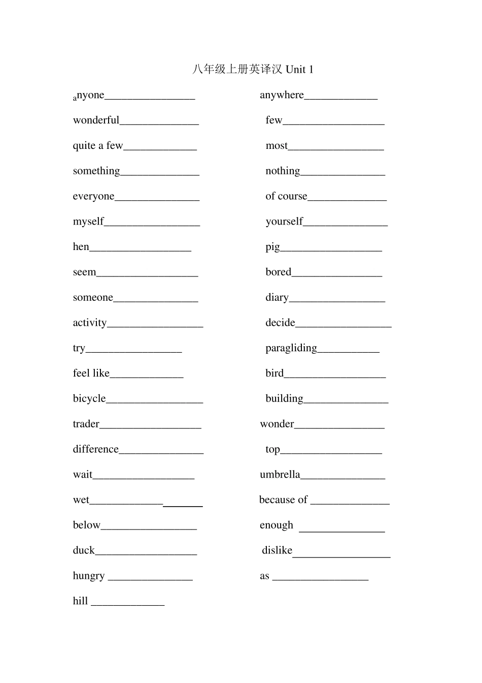 人教版八年级英语上单词英译汉_第1页