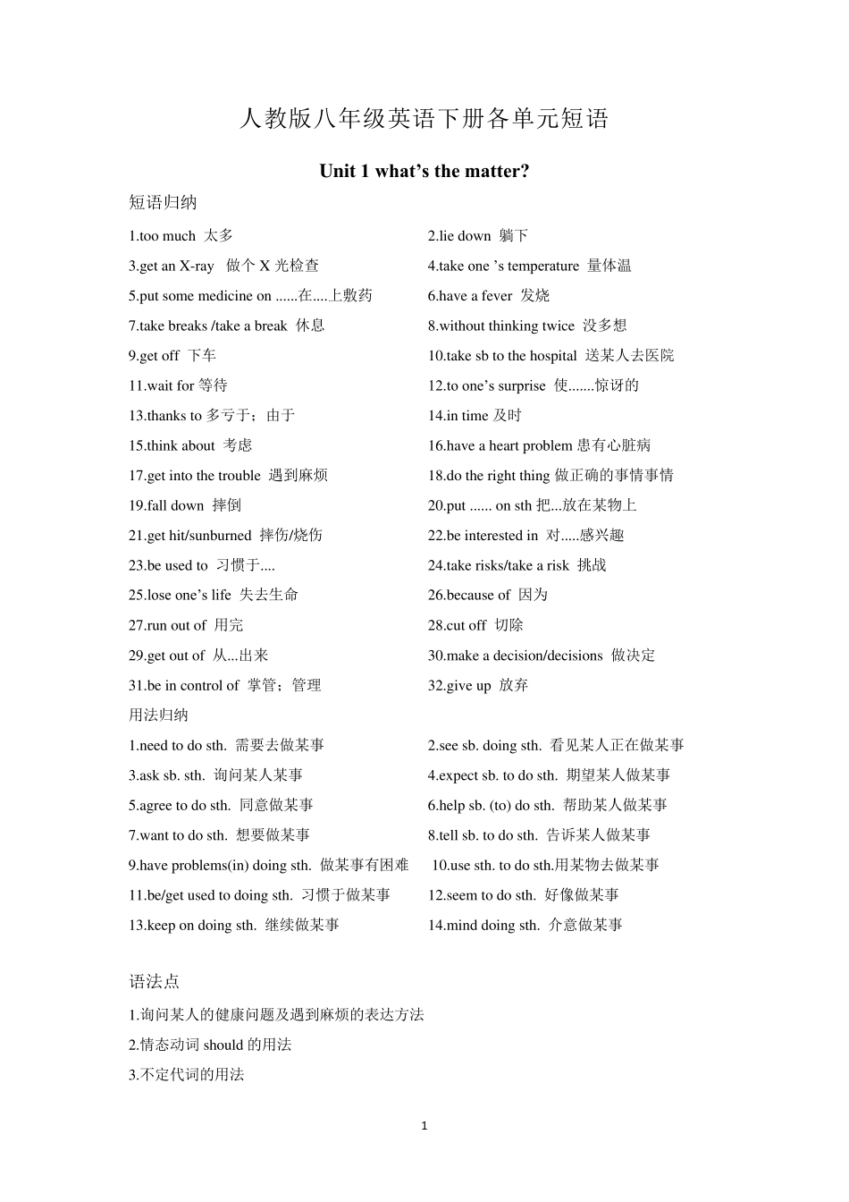 人教版八年级英语下册各单元短语_第1页